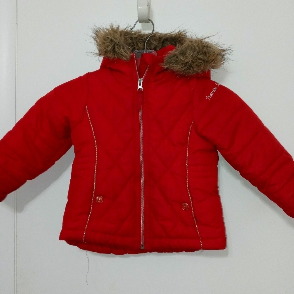 Protection system girls Red Full Zip Puffer Jacket with Faux fur hood Size 3